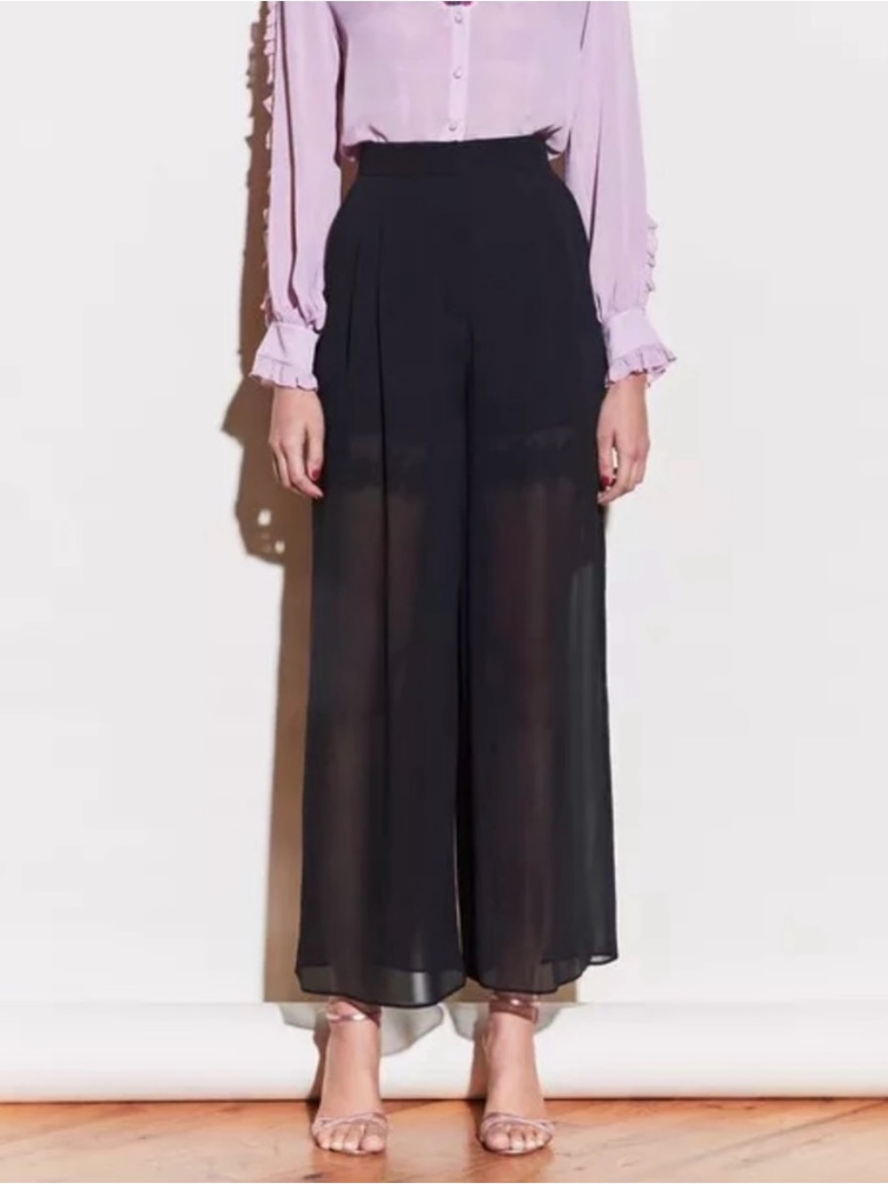 Fleur du Mal Silk Wide-Leg Black Palazzo Pants with Lace Insert NWT